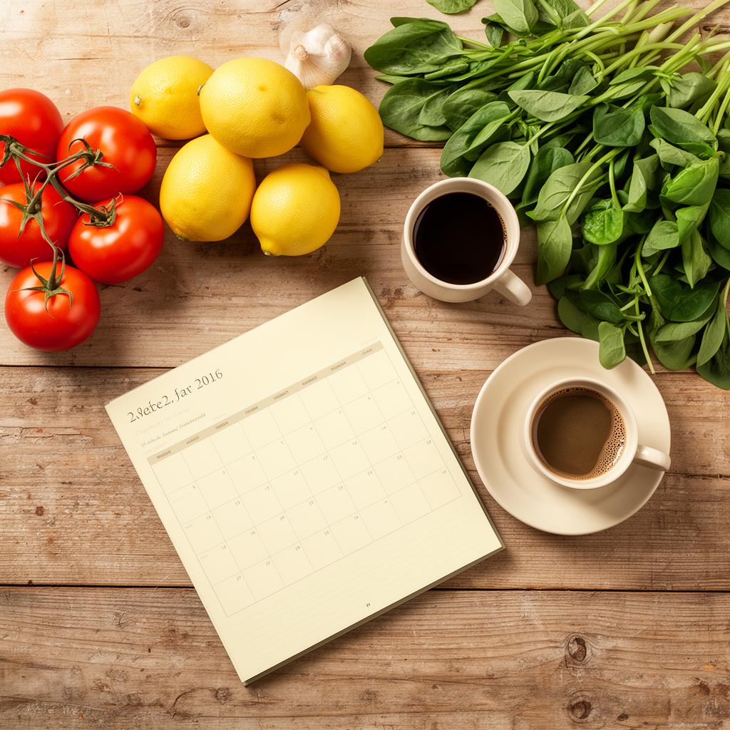 Overhead view of a meal planning setup with fresh produce